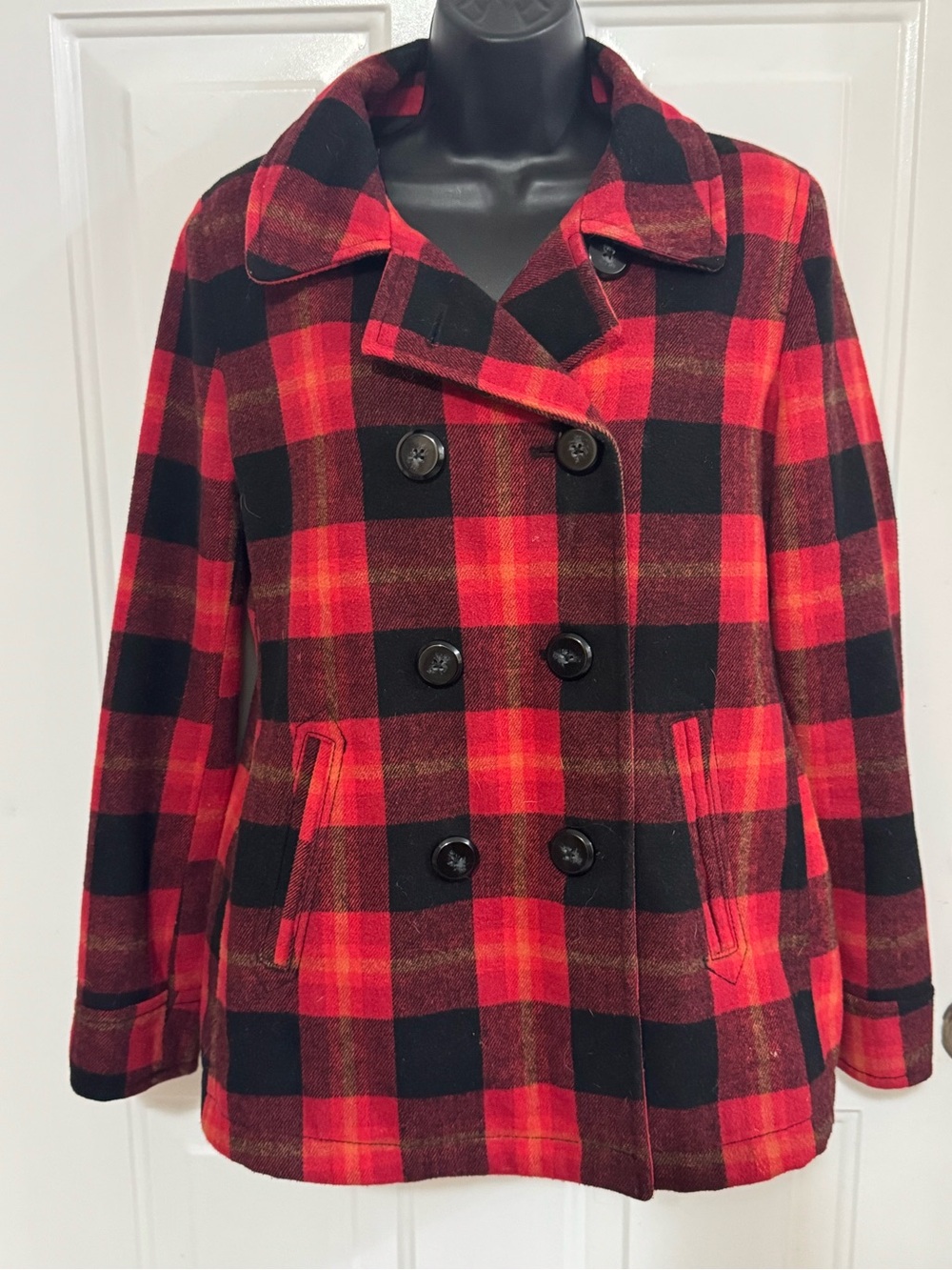 Old Navy Red and Black Plaid Double-Breasted Peacoat
